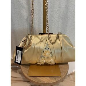 Elegant Gold Satin Evening Clutch Purse NWT Floral Rhinestone Chain Strap